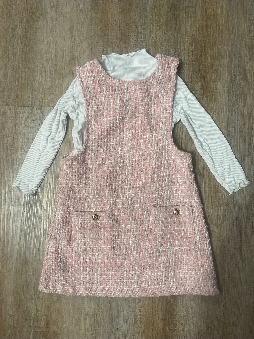 Kids Pink Tweed Jumper Dress with Front Pockets and white shirt